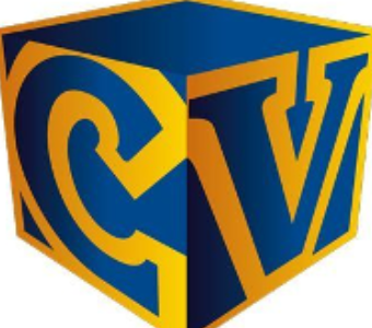 Capcom Vancouver logo with C and V displayed on faces of cube in blue and yellow.
