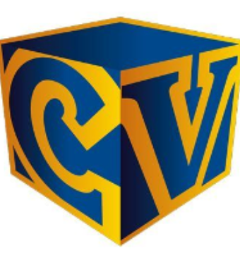 Capcom Vancouver logo with C and V displayed on faces of cube in blue and yellow.
