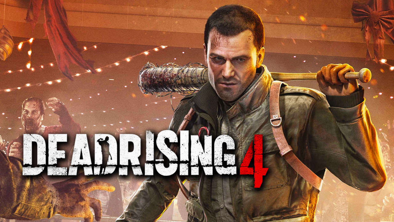 "Dead Rising 4" logo. Frank West is holding a baseball bat wound with barbed wire, while the chaos of a zombie outbreak ensues in the mall behind him.