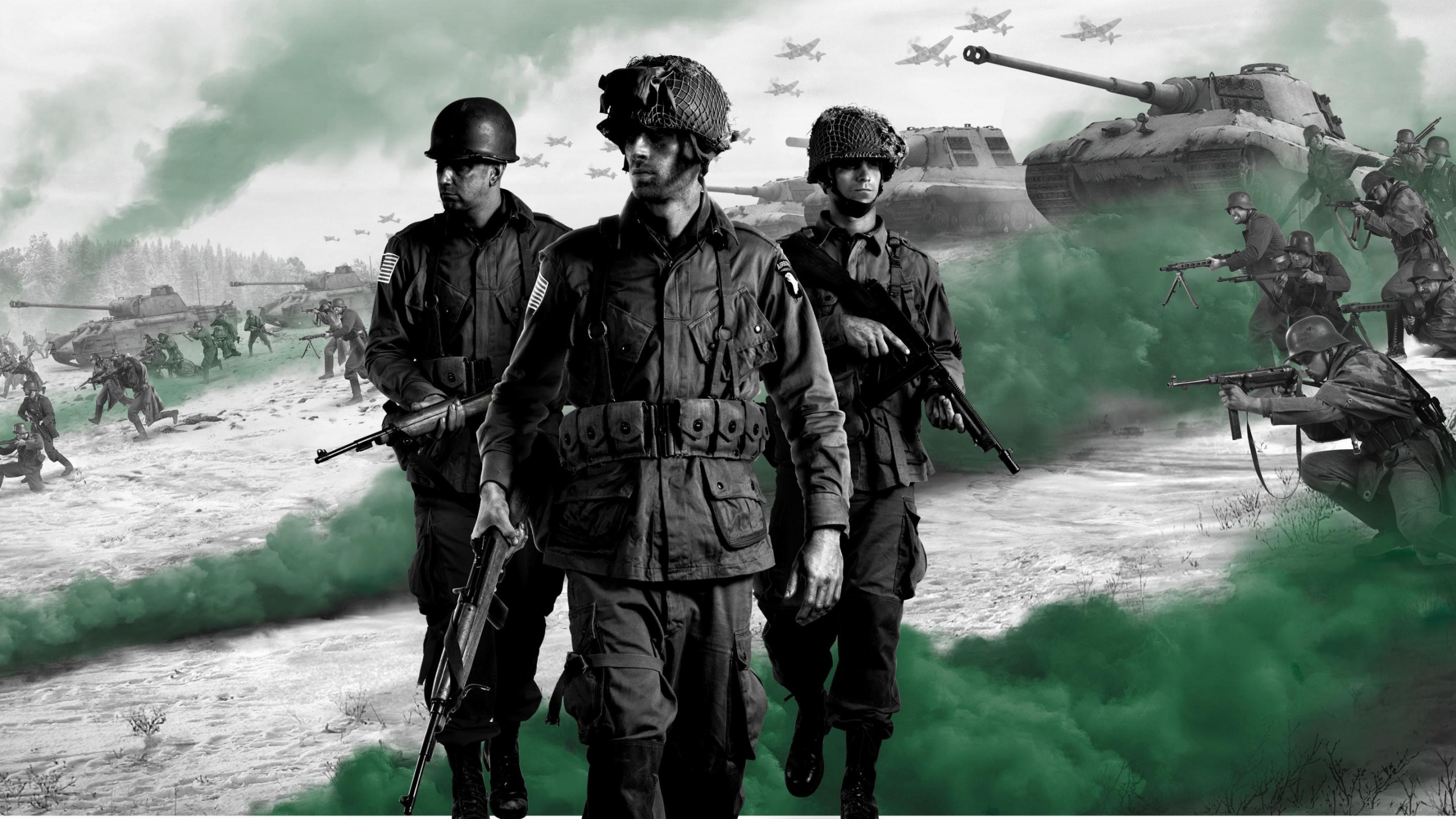 Ardennes Assault promo art, no caption. American soldiers standing in front of green clouds with guns drawn and airplanes overhead. In the midground a variety of tanks and troup formations are placed to depict a war scene.