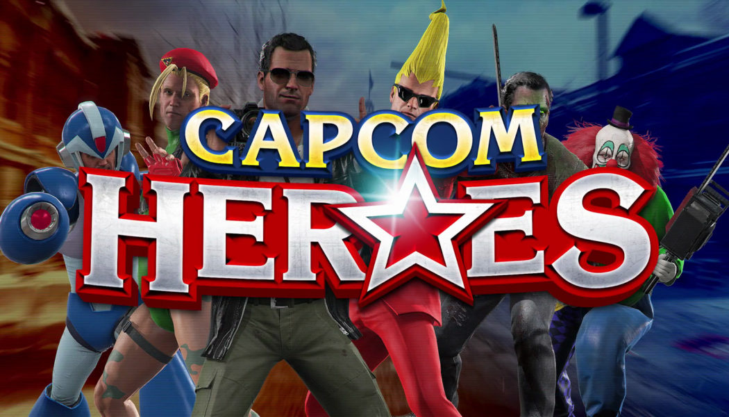 Capcom Heroes logos with stylized O as a star. Frank appears dressed as these heroes behind the logo: X from Mega Man X, Cammy, Sissel from Ghost Trick, Zombie Frank from Frank Rising, and Adam the Clown from Dead Rising 2