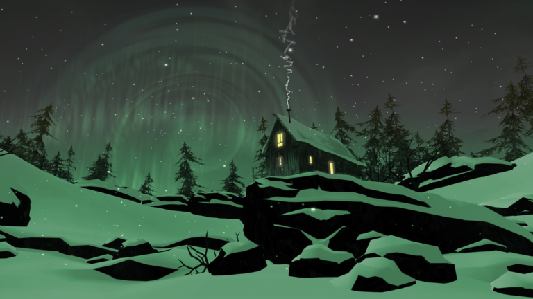 A thin line of smoke billows upwards from the Trapper's house in Mystake Lake region. There are rocks and a dead bush in the foreground, and trees and an aurora-filled sky in the background.