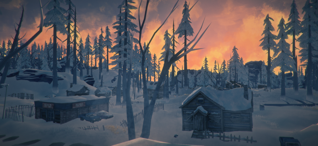 Screengrab from The Long Dark. The town of Milton, covered in snow, at sunset.