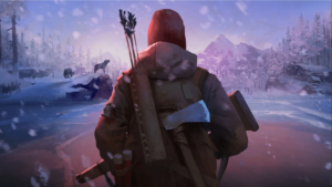 Console release promo art with no text. Will is standing, facing away, and walking towards a snowy landscape with a wolf on a nearby rock and mountains in the background. He is wearing a red toque. He has a rifle in his handle, held down across his body with the stock end above his right elbow. His backpack is carrying many objects including a hatchet and arrows.
