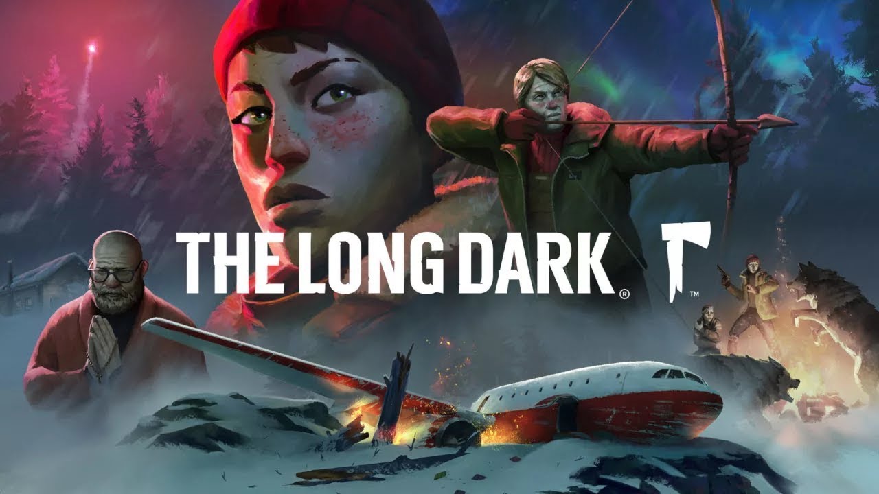 "The Long Dark" logo with stylized hatchet. Astrid's face is shown as a close up with a red and blue sky background. The crashed airliner is in the foreground, with characters like Father Thomas and Molly in the midground as well as a scene showing a wolf jumping up towards Astrid as a hurt survivor holds their arm in a sling..