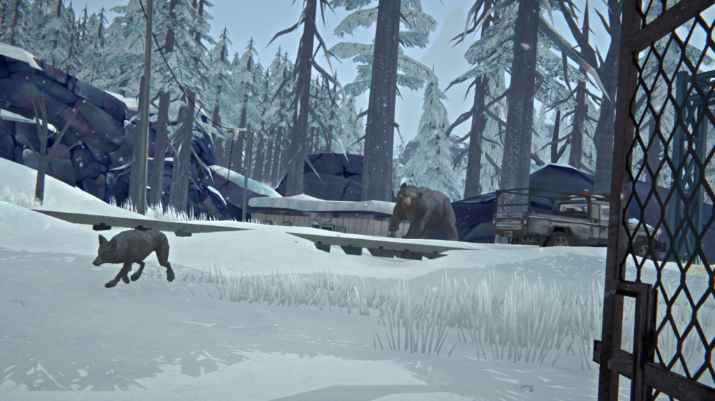 Screengrab from The Long Dark. A wolf and a bear walk across the snow in a wooded land scape, approaching the player.