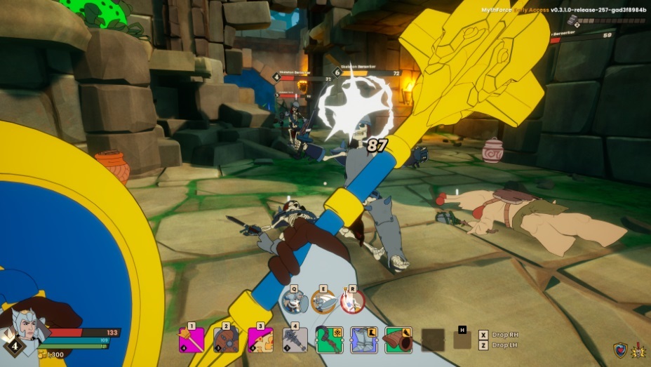 Gameplay, from Victoria's point of view. Victoria looks at her golden Lion headed mace, just summoned into her hands along with an ornate golden shield.