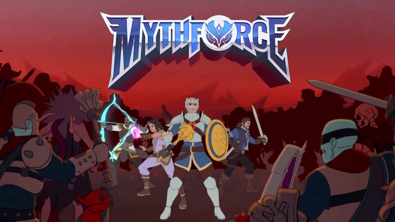 A clip from "MythForce" game's opening 2d animation sequence with Victoria in front, Maggie casting a spell behind here, Hawkins aiming left offscreen, and Rico facing right offscreen. A horde of enemy silhouettes surrounds them.