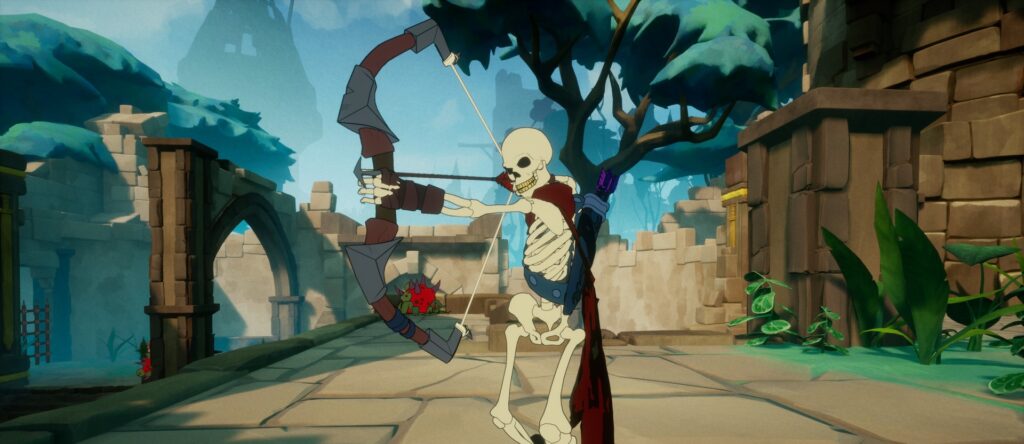 A skeleton holds a bow and arrow, facing towards and to the left of camera, with a menacing grin.