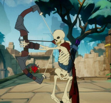 A skeleton holds a bow and arrow, facing towards and to the left of camera, with a menacing grin.