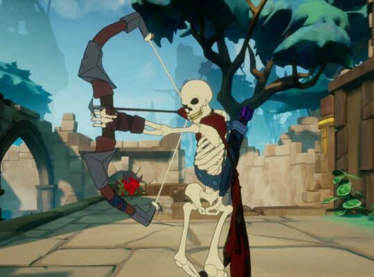 A skeleton holds a bow and arrow, facing towards and to the left of camera, with a menacing grin.