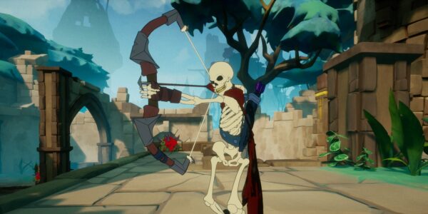 A skeleton holds a bow and arrow, facing towards and to the left of camera, with a menacing grin.