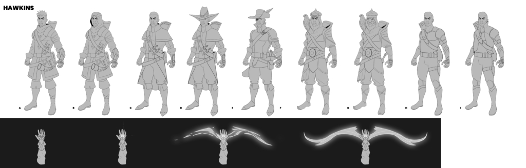 Character variations sheet: Black and white line drawings of the character Hawkins. Also includes an inset showing his magic bow that is summoned into his hands from his arm guard.