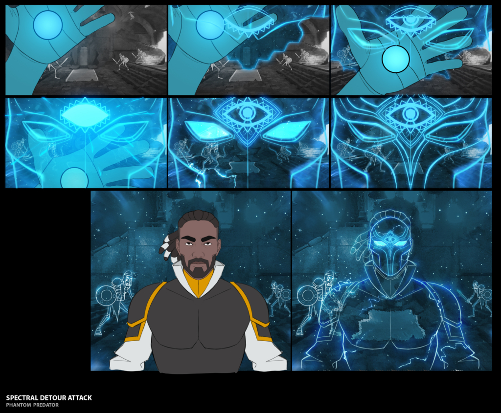Title: Spectral Detour Attack. Subtitle: Phantom Predator. Storyboard of concepts for Spectral Detour, showing possible visualizations for Hawkins as he turns invisible.
