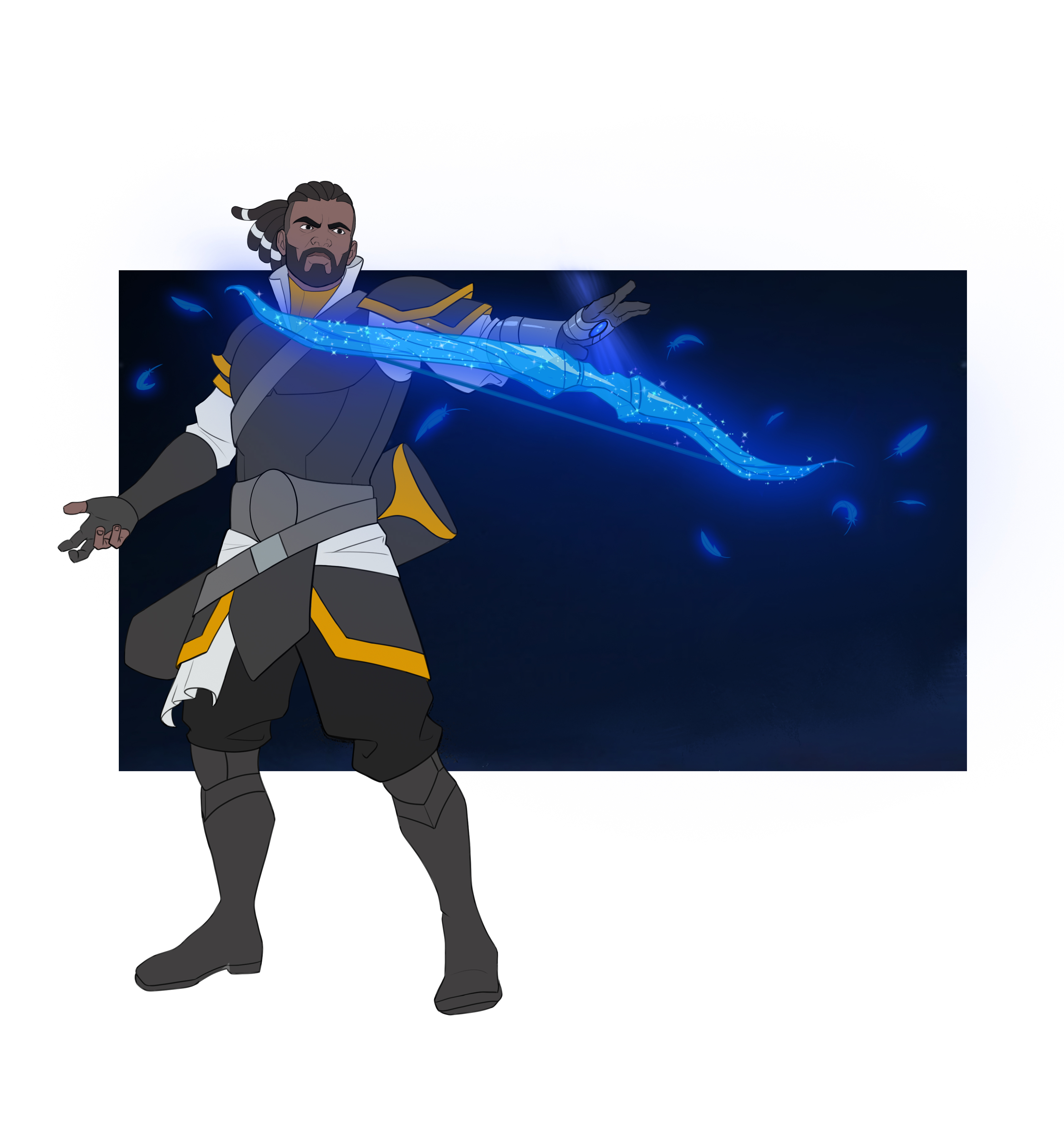 Hawkins, a Black male archer, summons his unique ghostly bow from the spirit realms. He stands in a heroic pose, with one arm back and is weaing primarily grey cloak in a modern style, with yellow accents.