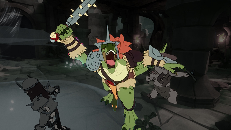 Portrait effect on screengrab to highlight subject: A large lizard warrior lunges, with mouth open, brandishing a spiked mace.