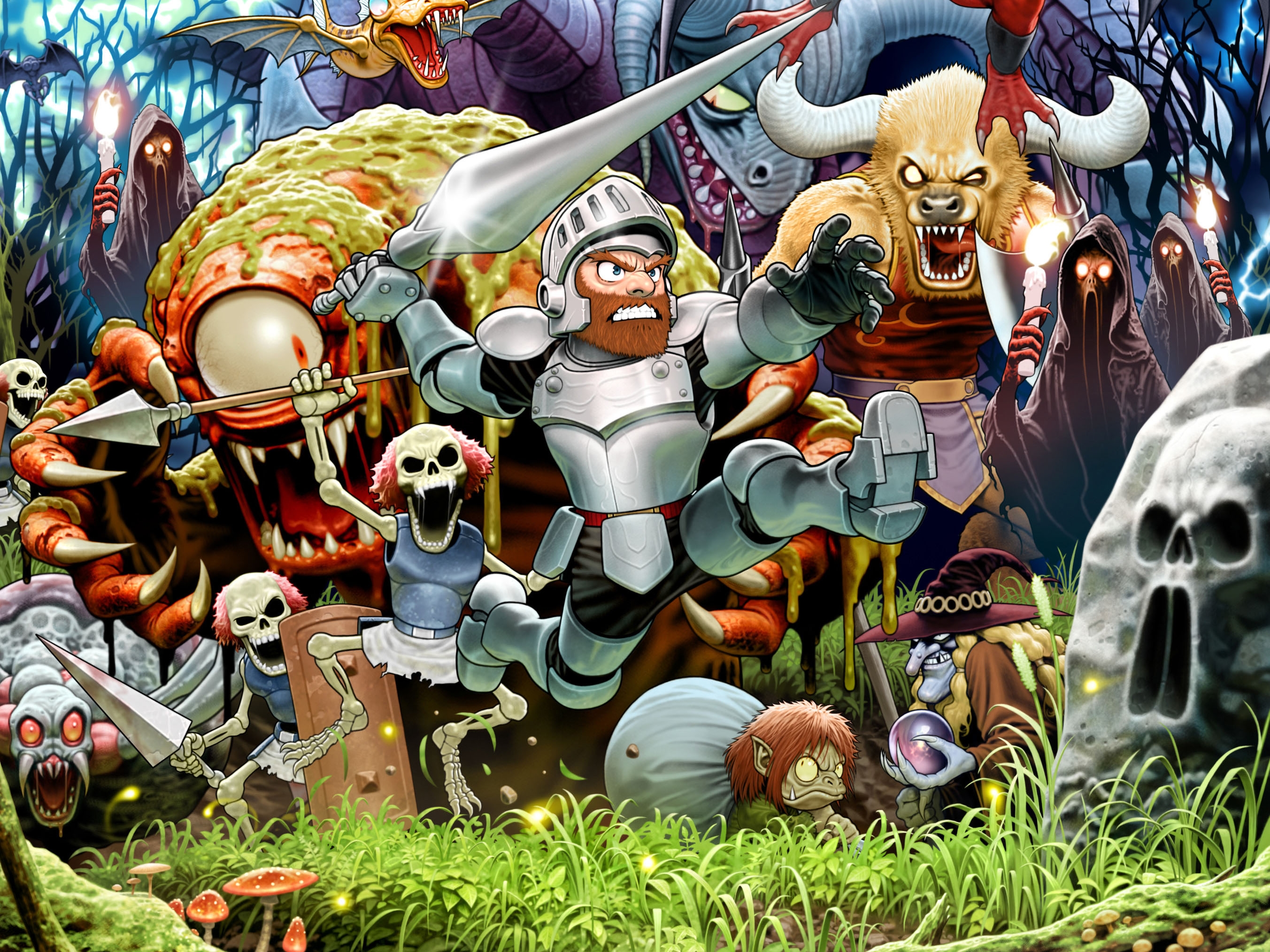 Promo Art, Illustration: Arthur, and other characters from Ghosts N' Goblins, are shown in aggressive poses facing forward; ready to attack.