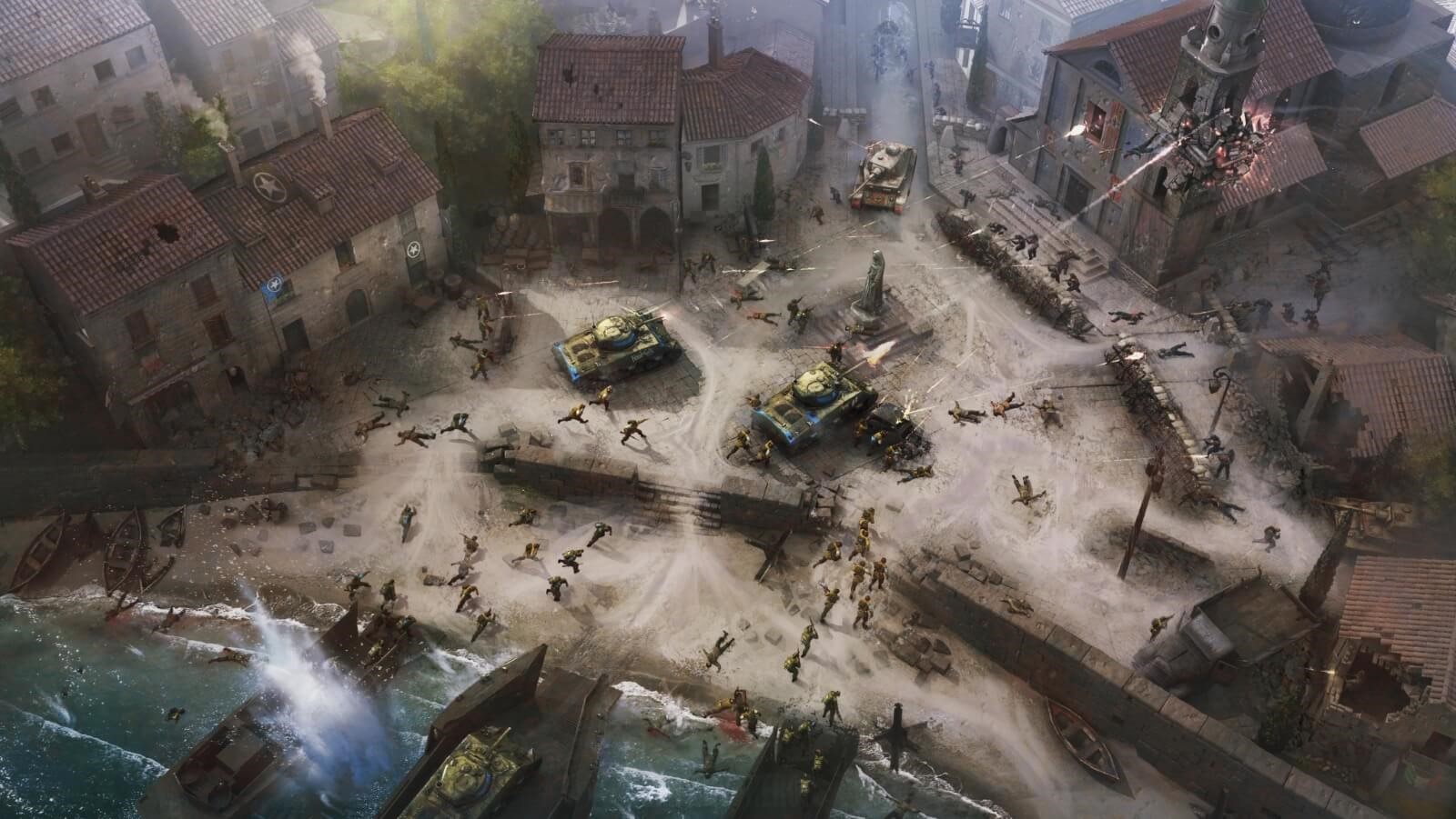 Illustration of combat from bird's eye perspective. Tanks in the middle of a square fire back at soldiers in the buildings surrounding them. Boats deliver soldiers to support the tanks.