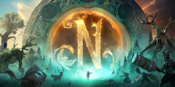 Promo Art featuring Nightingale N logo. It is wrapped by a huge portal, similar to those in game. There are two different worlds on the left and right sides of the portal. One person stands in the middle, while creatures and humanoid enemies run towards them.