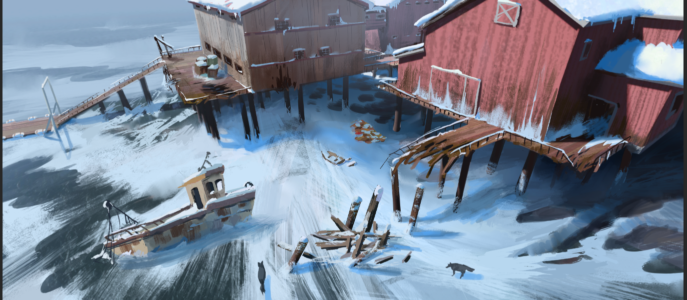 Concept Art of the Cannery including a boat and stilted buildings over a frozen ocean. Wolves walk near a collection of wood detritus on the ice.