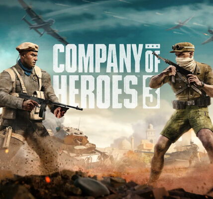 Promo Art of two soldiers facing off, standing on opposite sides with the Company of Heroes 3 logo behind them. Planes fly through blue green skies, and reddish dust is kicked up by soldiers around them.