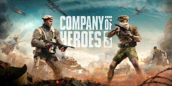 Promo Art of two soldiers facing off, standing on opposite sides with the Company of Heroes 3 logo behind them. Planes fly through blue green skies, and reddish dust is kicked up by soldiers around them.