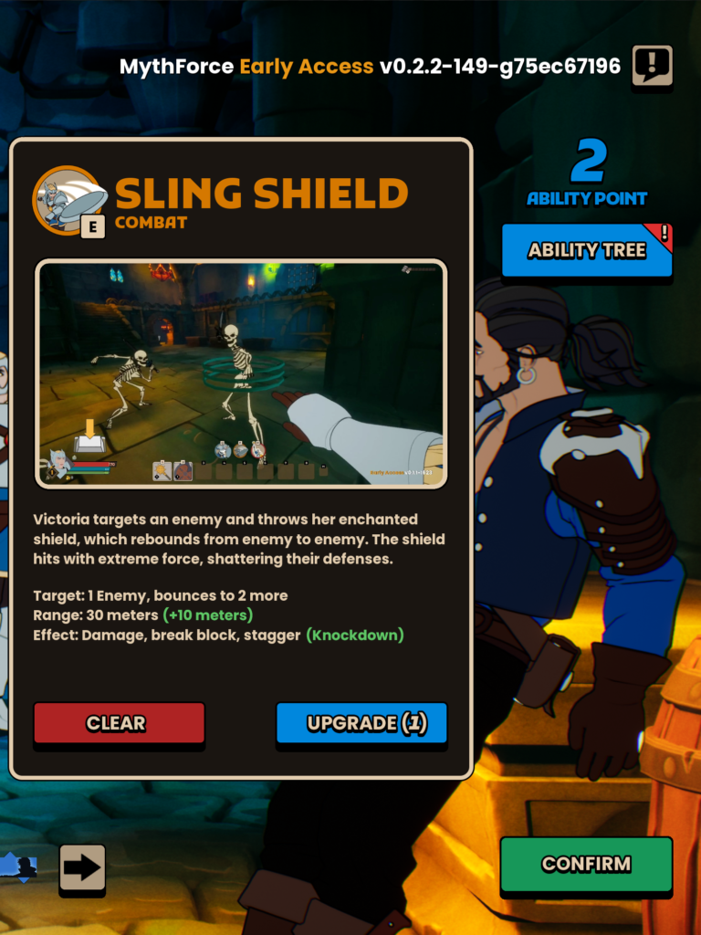 A menu screen from MythForce showing the abilities and upgrades for Victoria, a knight. Her Sling Shield ability is selected displaying an example video, a tree with one upgrade selected, and the upgrated ability's modified stats.