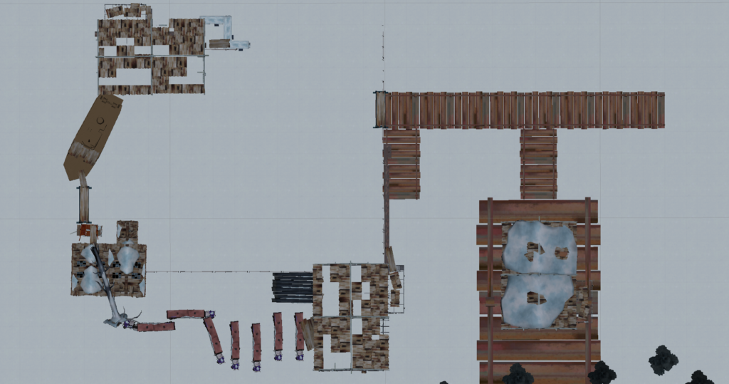 First pass: Top down image of a series of docks, buildings, and trailers over a plain white ground.