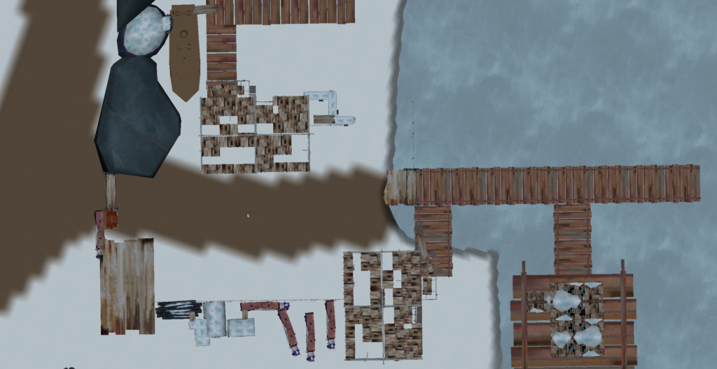 Second pass: Top down image of a series of buildings and trailers over a plain white ground with ice under the docks.