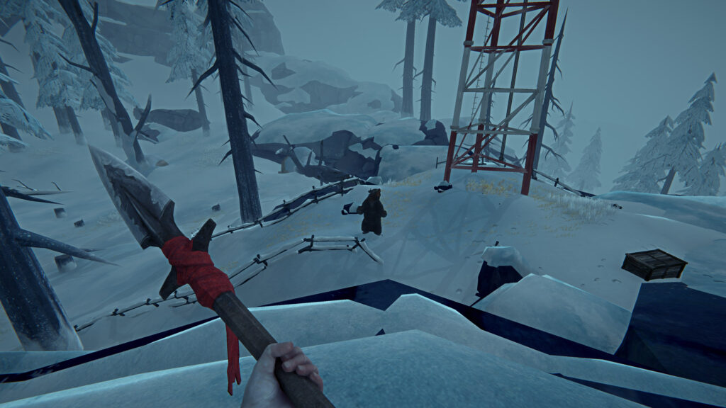 Gameplay capture from The Long Dark with bear in distance under a tower. Player character is holding a spear in first person.