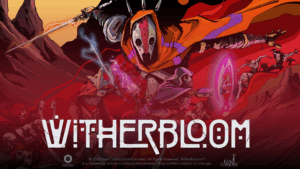 A hooded figure looms heroically in the centre of an action-packed image, with large sword pull out behind it. The white mask they wear has a wide red vertical between the eyes, and down to the split where the mouth is. Witherbloom appears in stylized letters