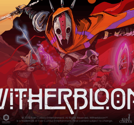 A hooded figure looms heroically in the centre of an action-packed image, with large sword pull out behind it. The white mask they wear has a wide red vertical between the eyes, and down to the split where the mouth is. Witherbloom appears in stylized letters