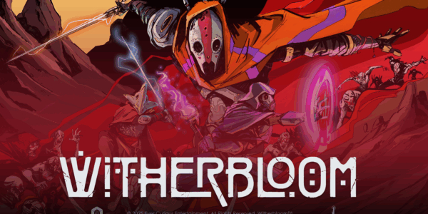A hooded figure looms heroically in the centre of an action-packed image, with large sword pull out behind it. The white mask they wear has a wide red vertical between the eyes, and down to the split where the mouth is. Witherbloom appears in stylized letters