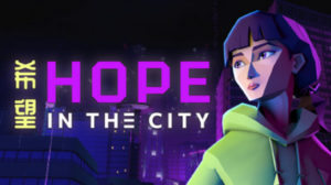 Hope, a female teenager, is wearing a green jacket and has long purple hair. She stands in front of a metropolitan backdrop.