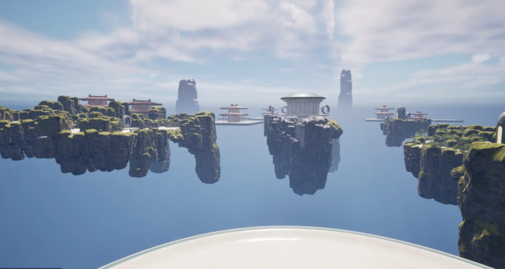 A work in progress shot showing transition from an early greyblock towards the next iteration after I became the primary level designer.