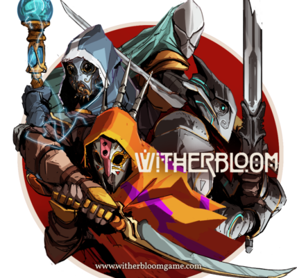 Four characters with masks pose with their weapons. Witherbloom logo. link: witherbloomgame.com