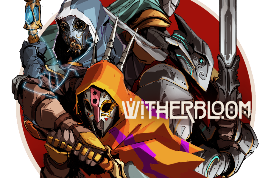 Four characters with masks pose with their weapons. Witherbloom logo. link: witherbloomgame.com