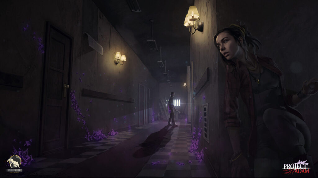 A woman hides at the end of a long hallway as a zombie like creature on the other other side stares at her with glowing eyes. Khronmiere Entertainment logo and Project Adam logo displayed in bottom corners.