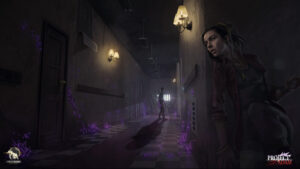 A woman hides at the end of a long hallway as a zombie like creature on the other other side stares at her with glowing eyes. Khronmiere Entertainment logo and Project Adam logo displayed in bottom corners.