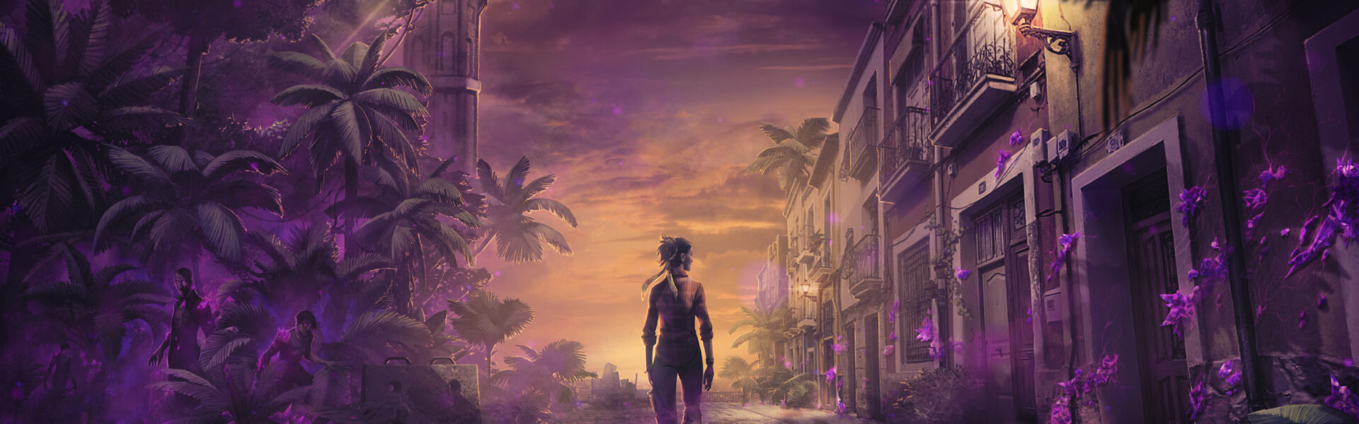 A woman stands in a road between overgrowth buildings and a jungle, with unnatural swirling purple features creeping through every inch on both sides.