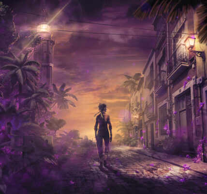 A woman stands in a road between overgrowth buildings and a jungle, with unnatural swirling purple features creeping through every inch on both sides.