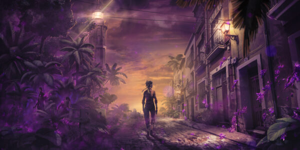 A woman stands in a road between overgrowth buildings and a jungle, with unnatural swirling purple features creeping through every inch on both sides.