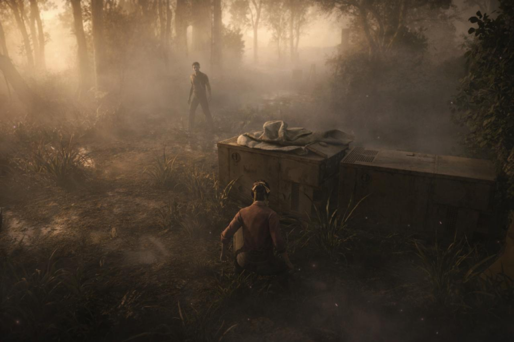 Gameplay capture from demo. In a foggy field, a woman, Nati, hides behind a structure while observing an shadowy figure.